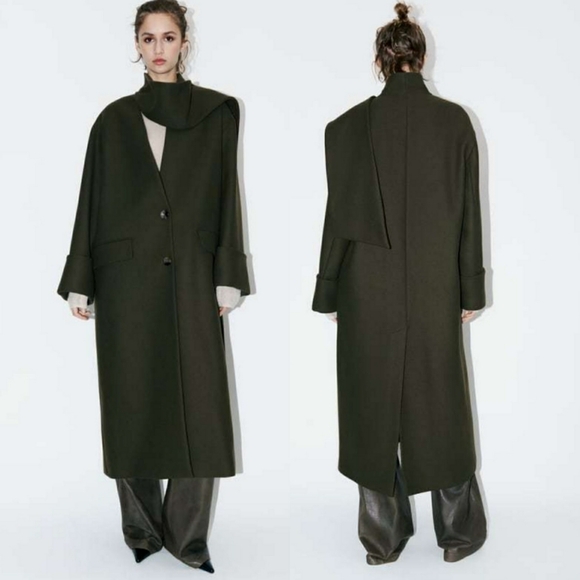 ZARA khaki green MANTECO WOOL scarf coat oversized Size S New with tag - Picture 2 of 10